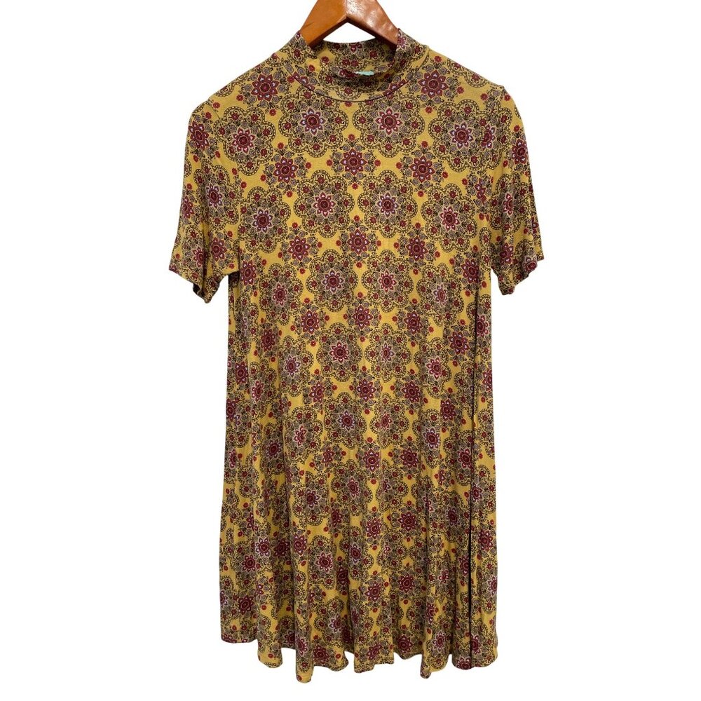 The Nines Swing Dress Size Large High Neck Short Sleeve Floral Mandala Bohemian